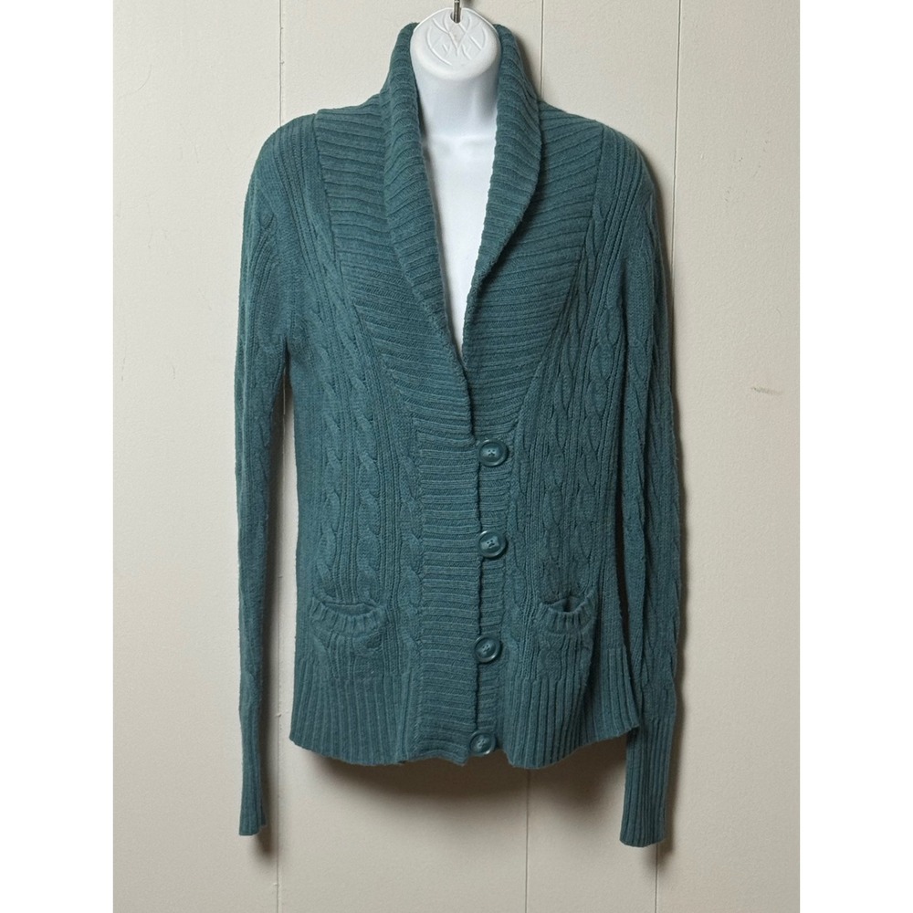 Kaisely Women's Teal Blue Cable Knit Shawl Collar Button Front Cardigan Size L